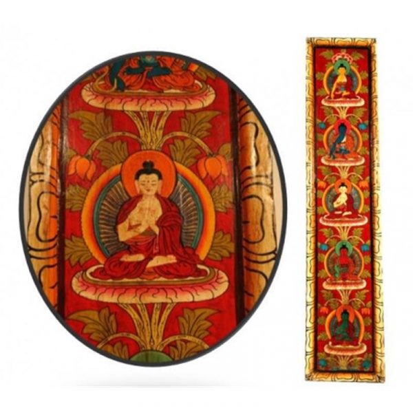 5 Boeddha's handbeschilderd paneel rood -- 91x20 cm