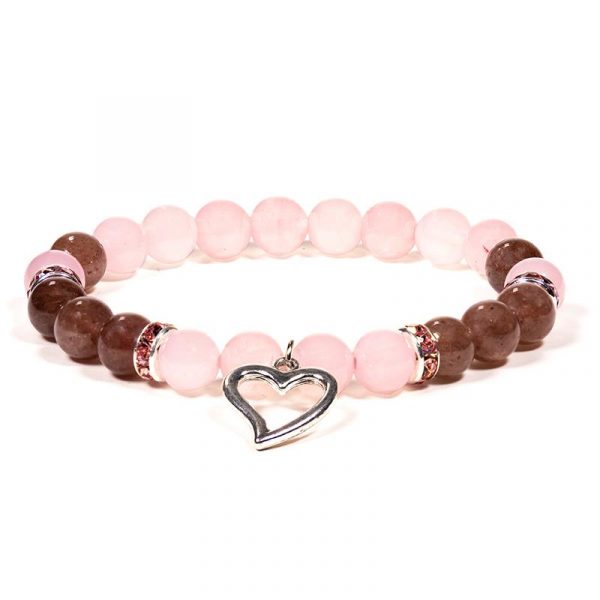 Armband rozenkwarts/aardbeien kwarts met hartje -- 8mm