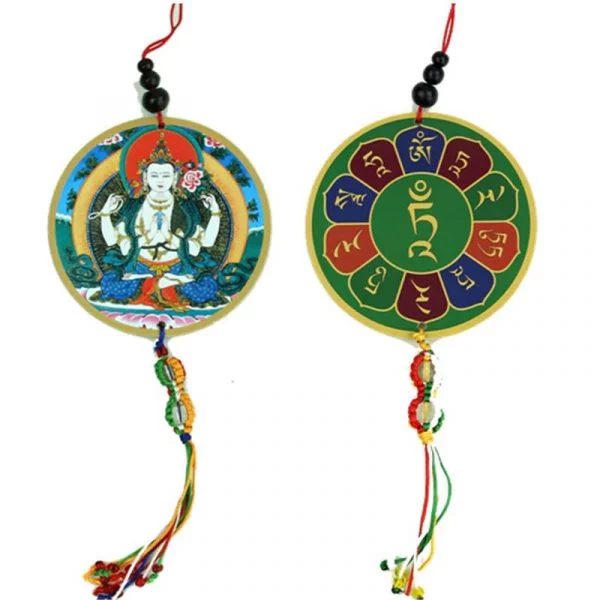 Auto- of raamhanger Chenrezig & dorje -- 8x36 cm