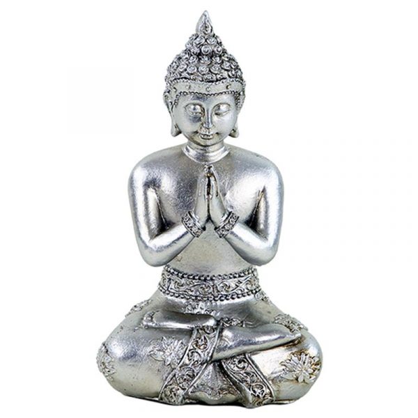 Biddende Boeddha zilverkleurig Thailand -- 105 g; 8x6x12 cm