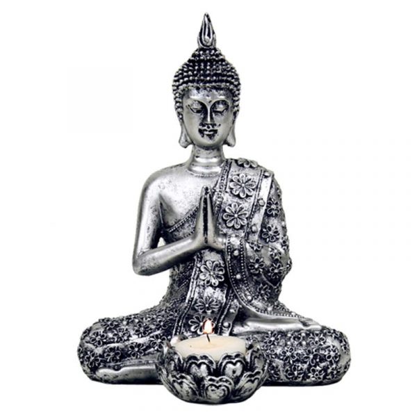 Boeddha met kaarshouder zilverkleurig -- 20.5 cm