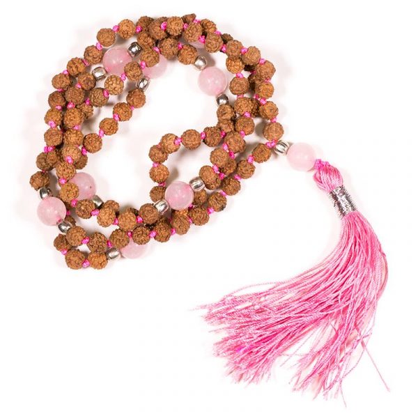 Mala Rudraksha en rozenkwarts met roze kwast -- 0.5 cm