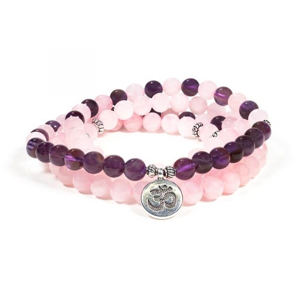 Mala rozenkwarts/amethist elastisch met ohm -- 0.8 cm