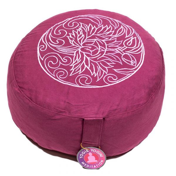 Meditatiekussen licht aubergine lotus geborduurd -- 33x17 cm