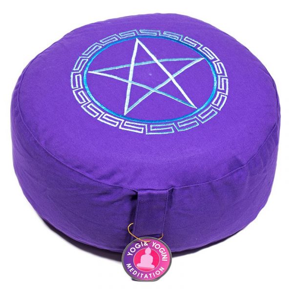 Meditatiekussen violet pentagram geborduurd -- 33x17 cm