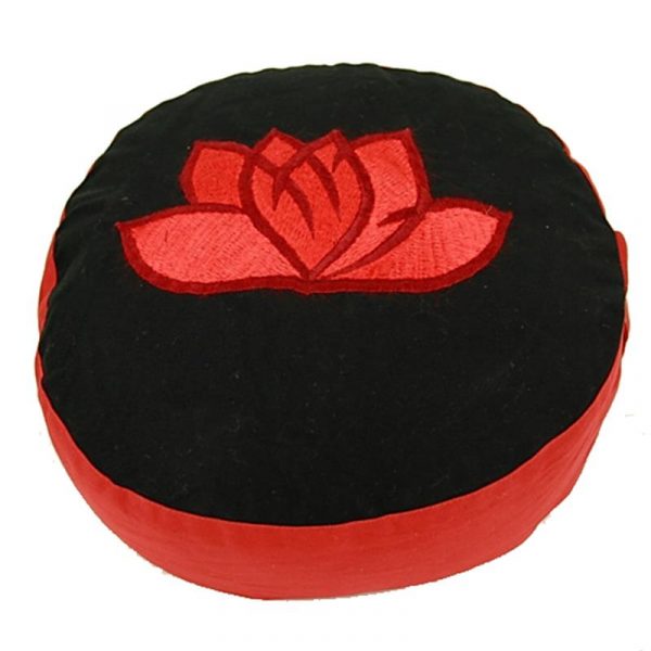 Meditatiekussen zwart/rood lotus geborduurd -- 33x17 cm