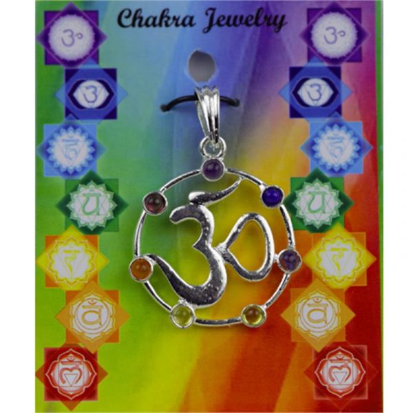 OHM hanger met 7 chakra stenen messing verzilverd -- 3.5 cm
