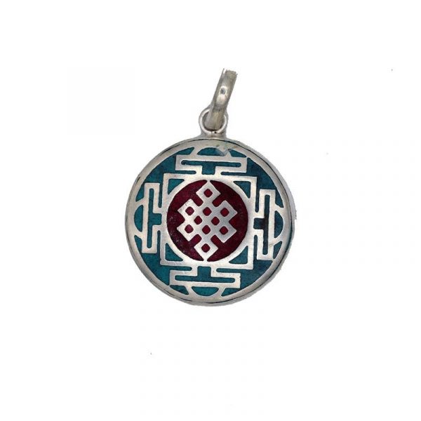 Oneindige knoop hanger turquoise met rood -- 3 cm