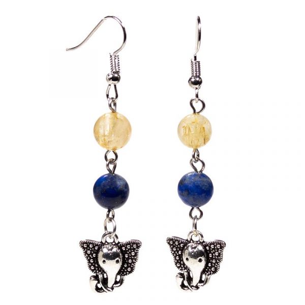 Oorbellen lapis lazuli/rutielkwarts met ganesha -- 8mm