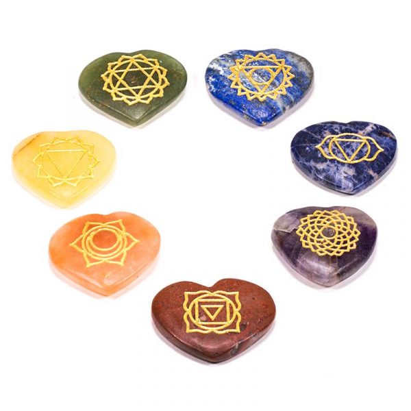 SET 7 chakra symbolen hartvormige halfedelstenen -- 3.5 cm