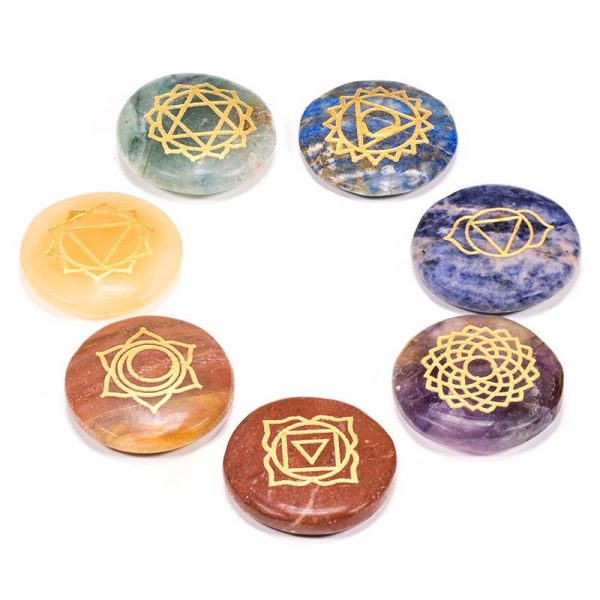 SET 7 chakra symbolen ronde halfedelstenen -- 3.5 cm