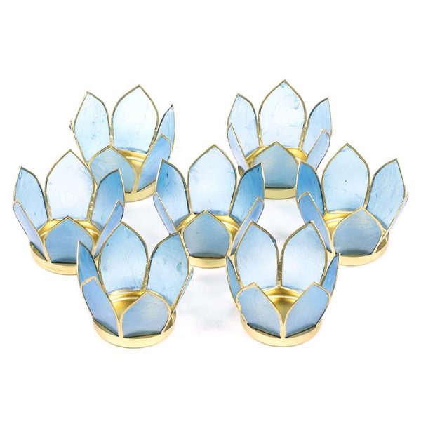 Set van 7: Lotus sfeerlicht klein blauw goudrand -- 8 cm