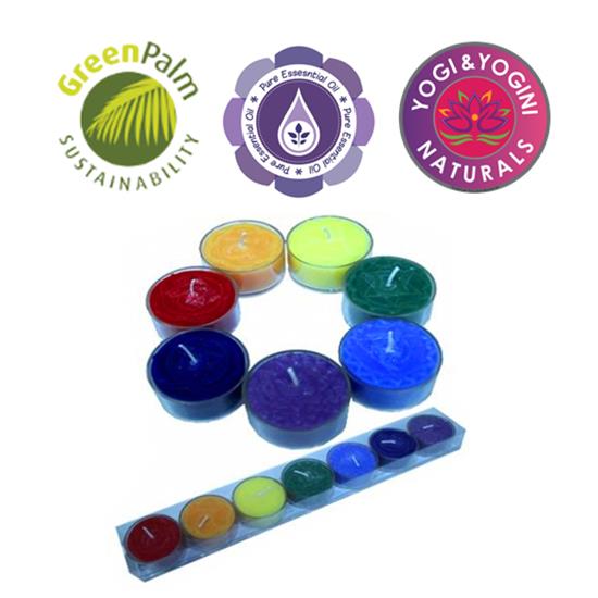 Theelichtjes chakra geurkaarsjes set van 7 stuks -- 4x2 cm