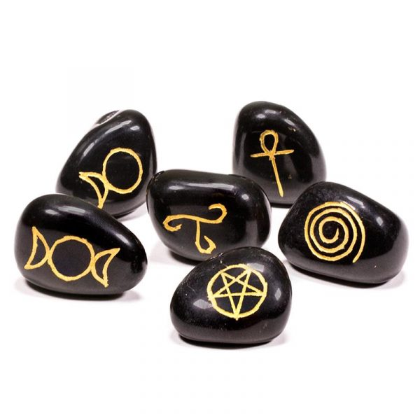 Wicca Symbolenstenen agaath zwart SET van 6 -- 3.3x2.3 cm