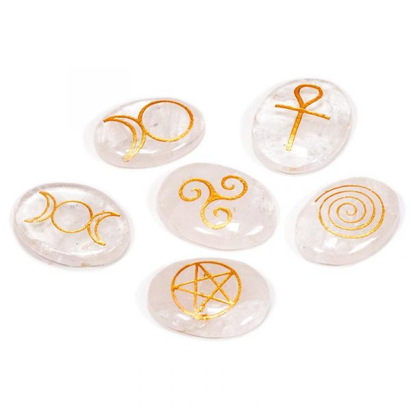 Wicca Symbolenstenen bergkristal SET van 6 -- 3.3x2.3 cm