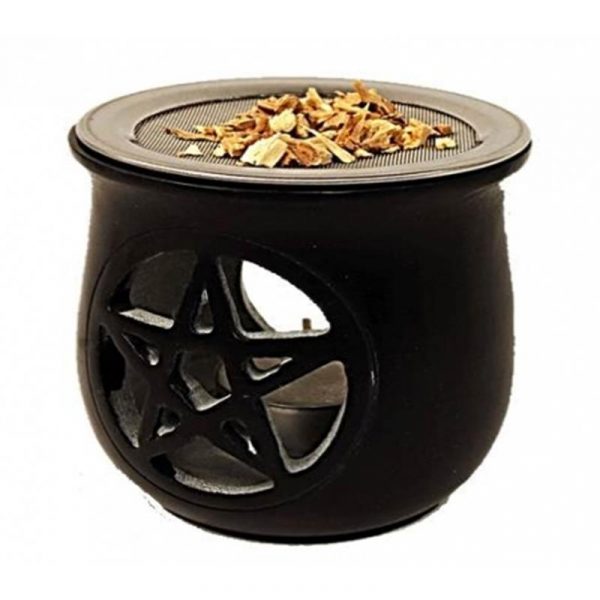 Wierookbrander Pentagram zeepsteen zwart + zeef -- 8.5x9 cm