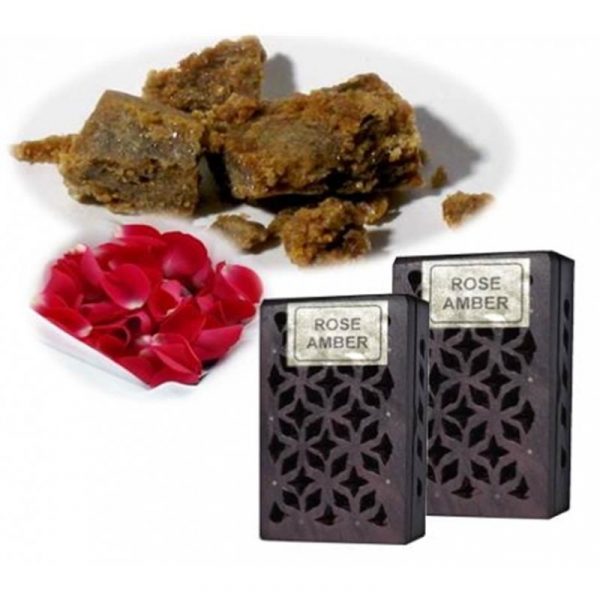 Wierookhars Rose/Amber in houten doosje -- 6x4 cm