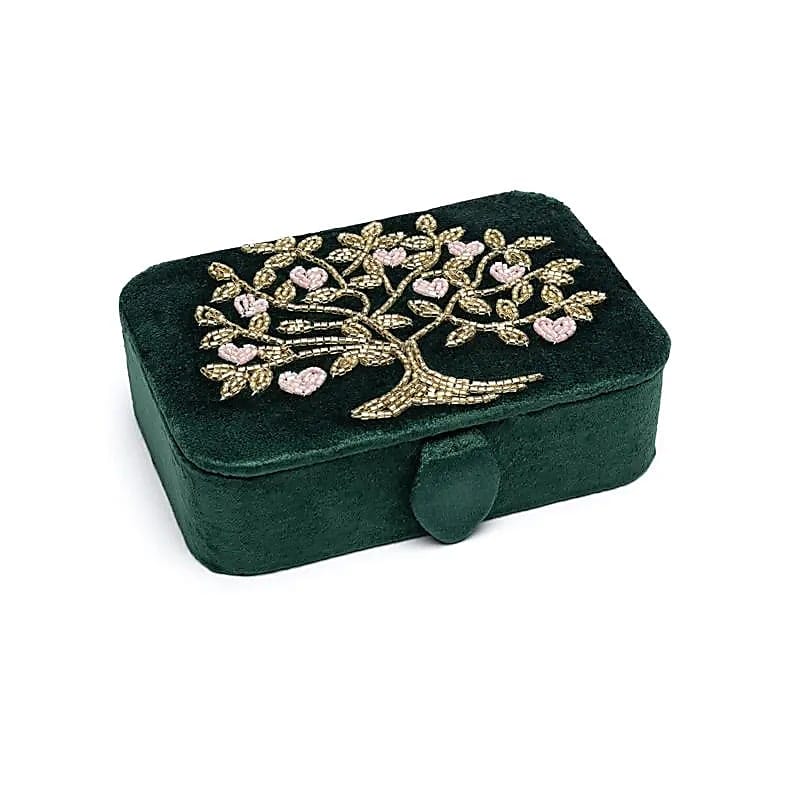 1569 Sieraden / tarotdoos fluweel groen met Levensboom en harten - 11 cm x 15.5 cm x 5 cm - Afbeelding 1