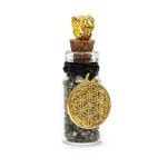 Geschenkflesje aan koord met pyriet en Bloem des Levens - ±3,6 cm