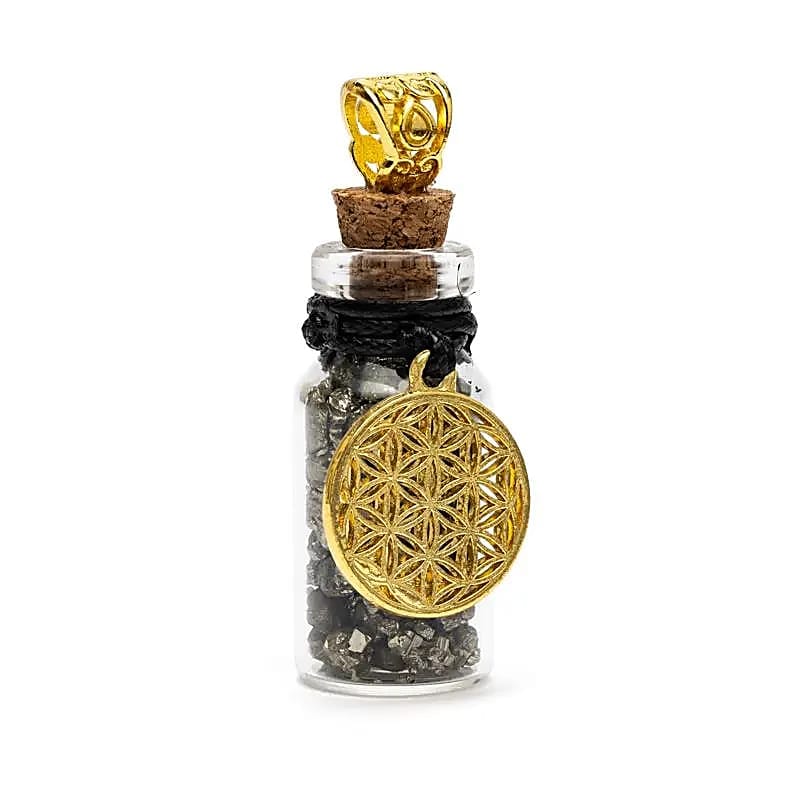 12712 Geschenkflesje aan koord met pyriet en Bloem des Levens - ±3,6 cm - Afbeelding 1