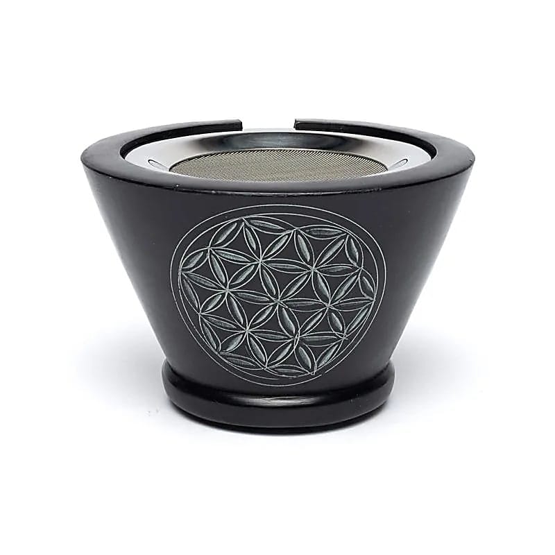 73053 Wierookbrander zeepsteen zwart Bloem des Levens met zeef - 7 cm x 13 cm - Afbeelding 1